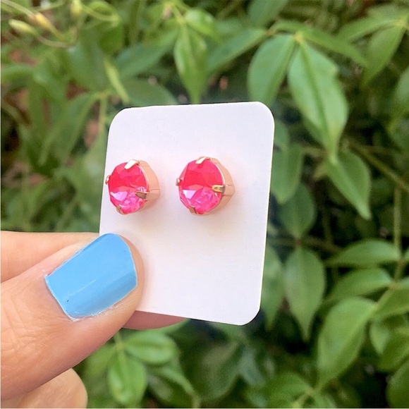Hot Pink + Rose Gold Crystal Stud Earrings - Picture 2 of 4